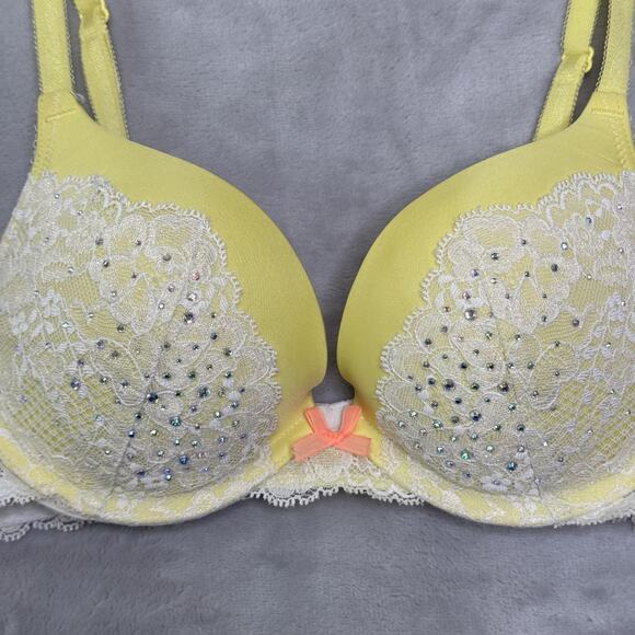 Victorias Secret Bra Womens 34B Dream Angels Push Up Lace Rhinestone Yellow - Picture 3 of 9